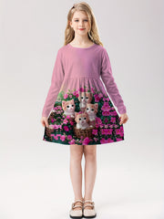 Girls Kitty Graphic Crew Neck Long Sleeve Dress 2-14y