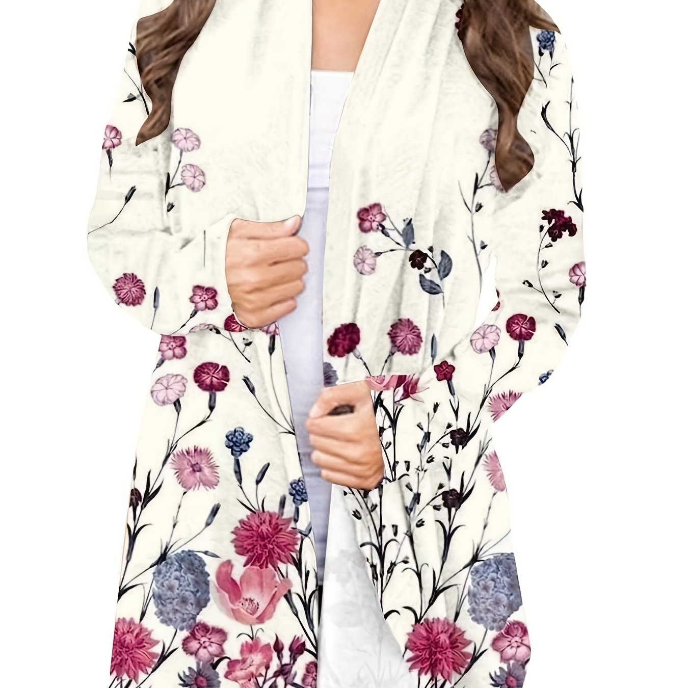 Floral Print Open Front Cardigan Long Sleeve Knit Outwear For Spring & Fall
