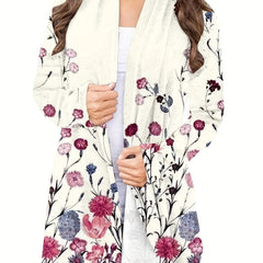Floral Print Open Front Cardigan Long Sleeve Knit Outwear For Spring & Fall