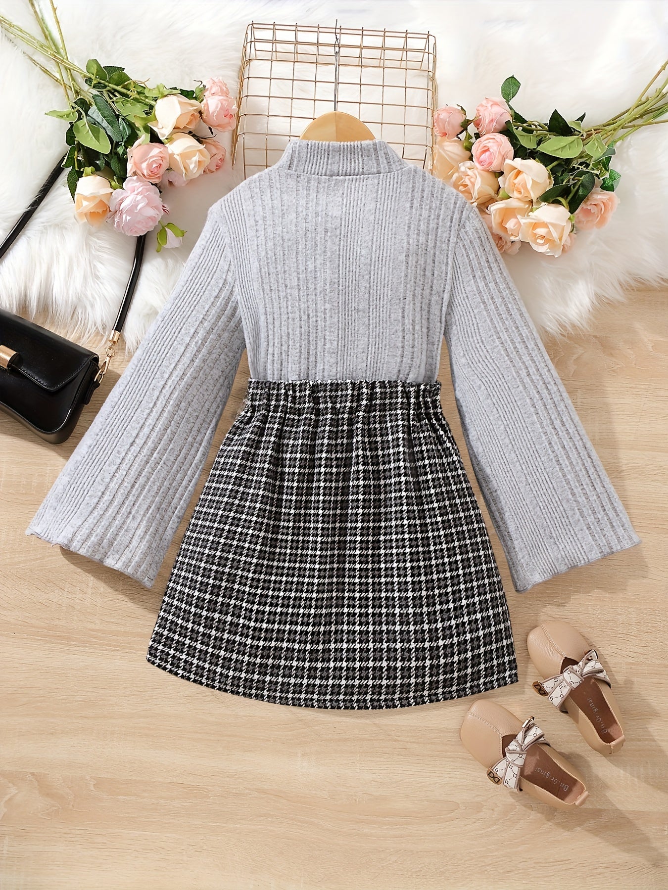 Girl's 2pcs Trumpet Sleeve Top & Houndstooth Skirt Set Casual Outfits