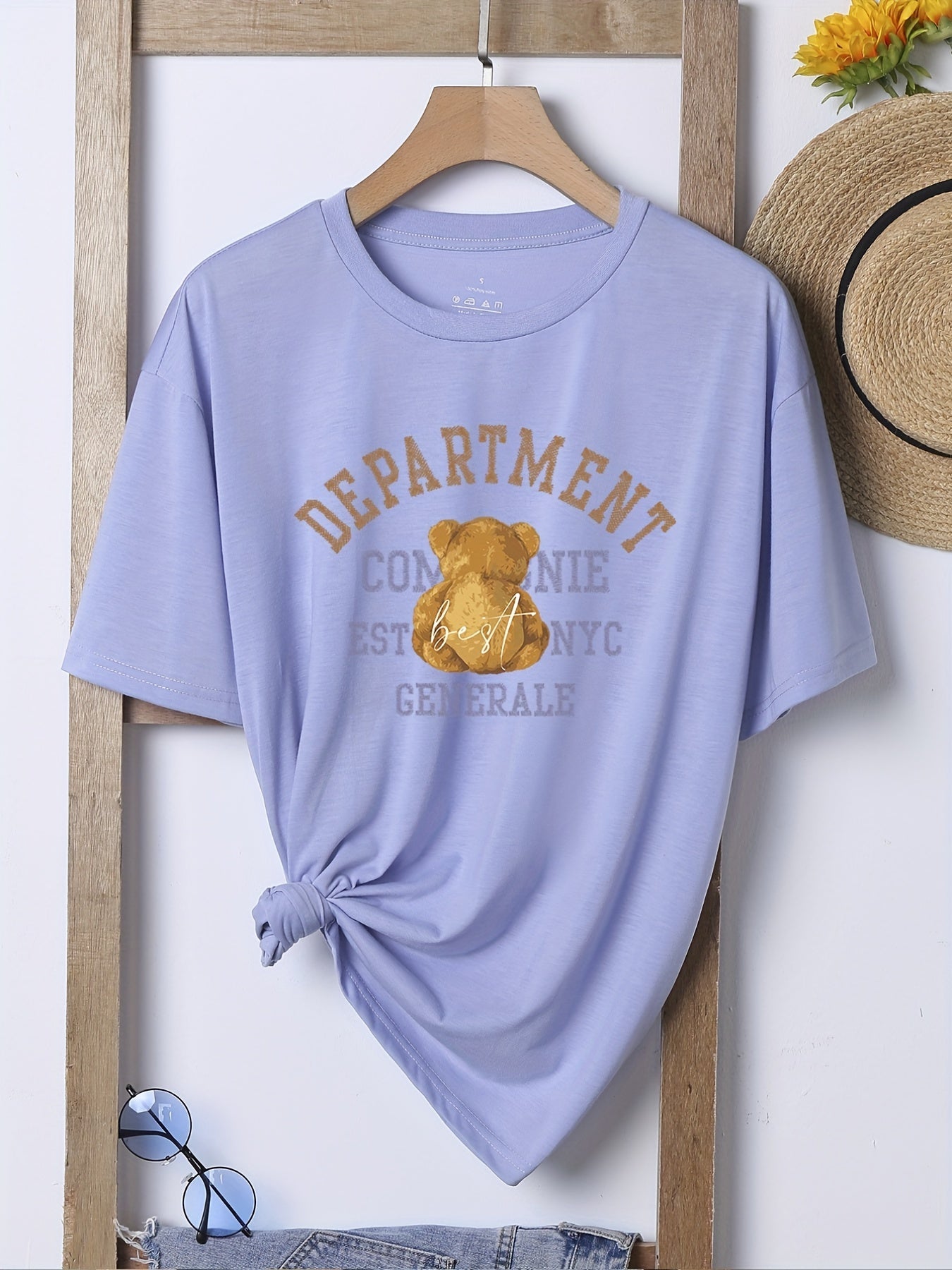 Bear & Letter Print Casual T shirts Crew Neck Short Sleeve Graphic Tee