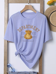 Bear & Letter Print Casual T shirts Crew Neck Short Sleeve Graphic Tee