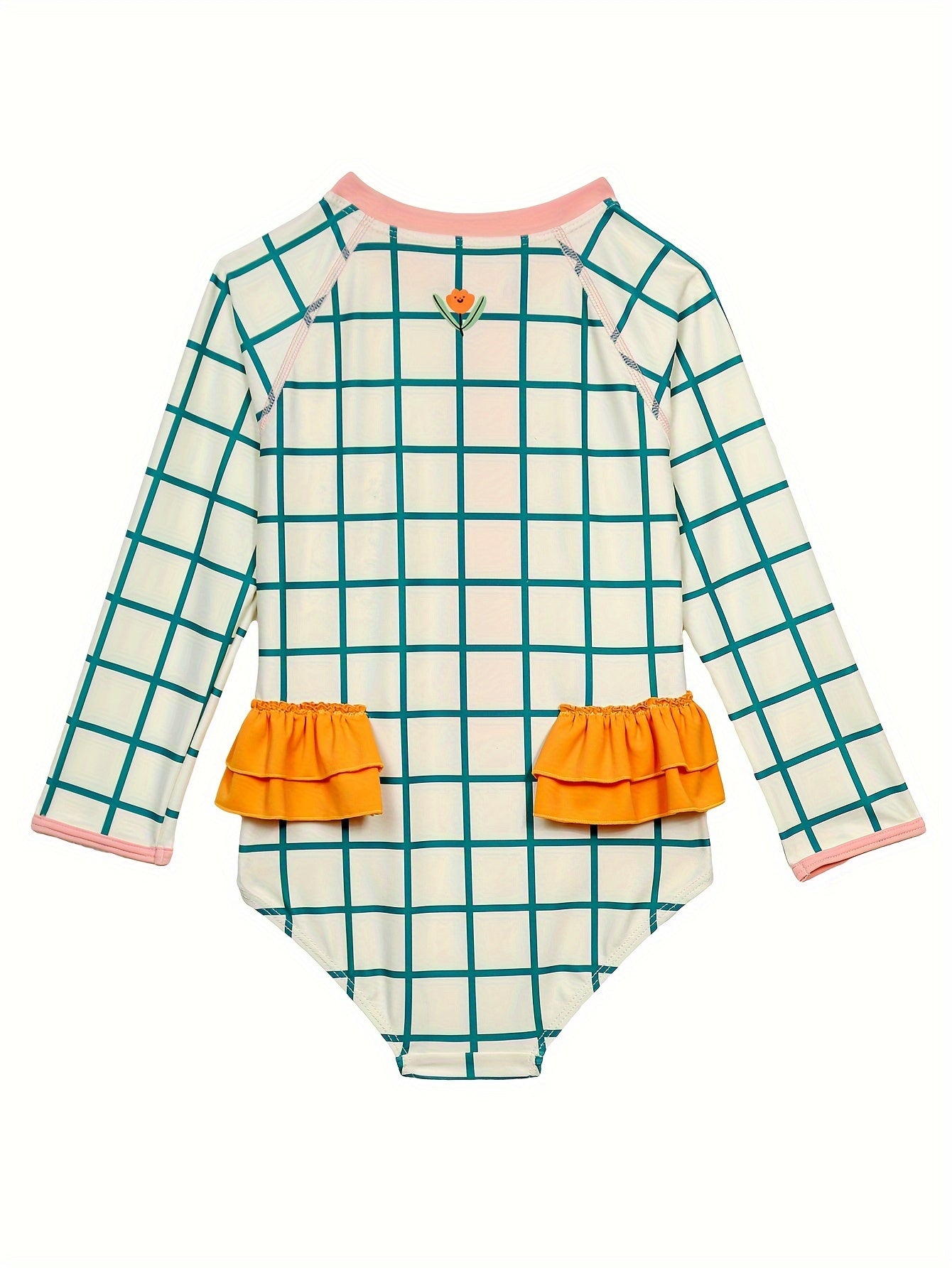 Sun Protection Plaid Long Sleeve 1 piece Swimsuit Girls Ruffle Trim Bathing Suit