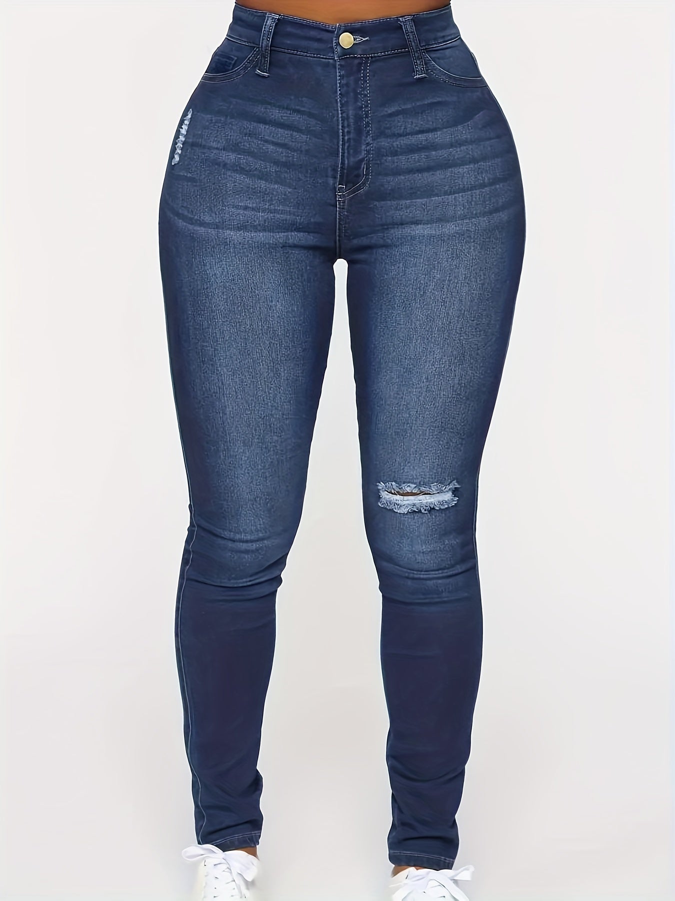Navy Ripped Holes Skinny Jeans Slim Fit High Stretch Curvy Denim Pants
