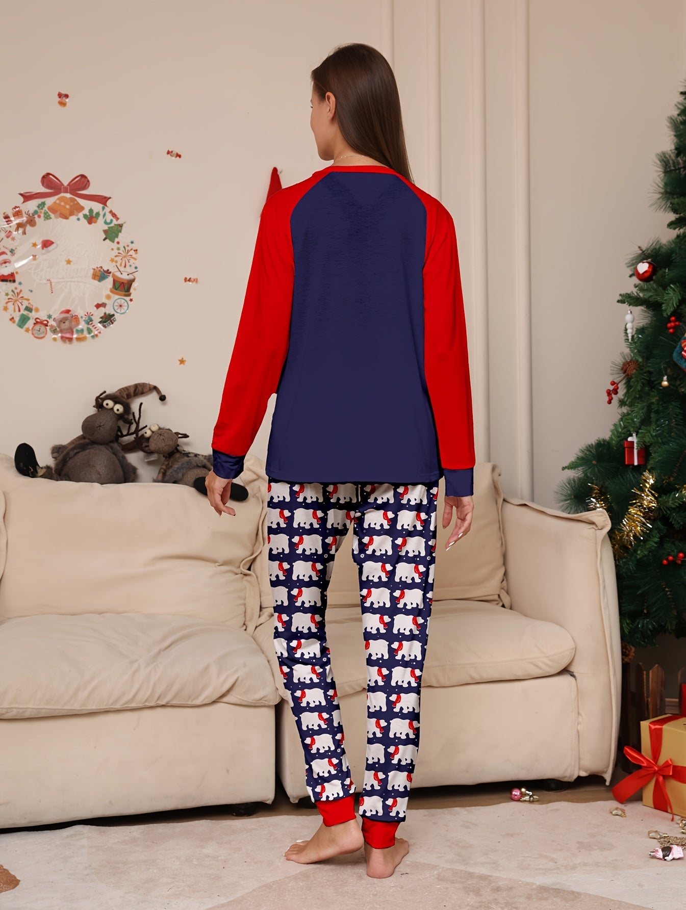 Bear & Letter Print Pajama Set Christmas Long Sleeve Top & Pants