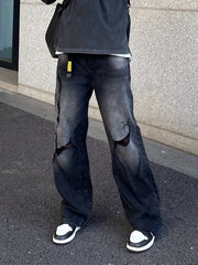 Mens Street Ripped Pants Jeans Handsome Loose Straight Pants