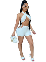 Sexy Lace Up Halter Top & Cut Out Shorts Set