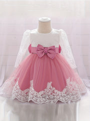Bow Princess Gown Dress Girls Long Sleeve Lace Floral Stitching One Year's Dress