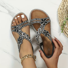 Boho Floral Rhinestone Flat Sandals Open Toe Elastic Strap