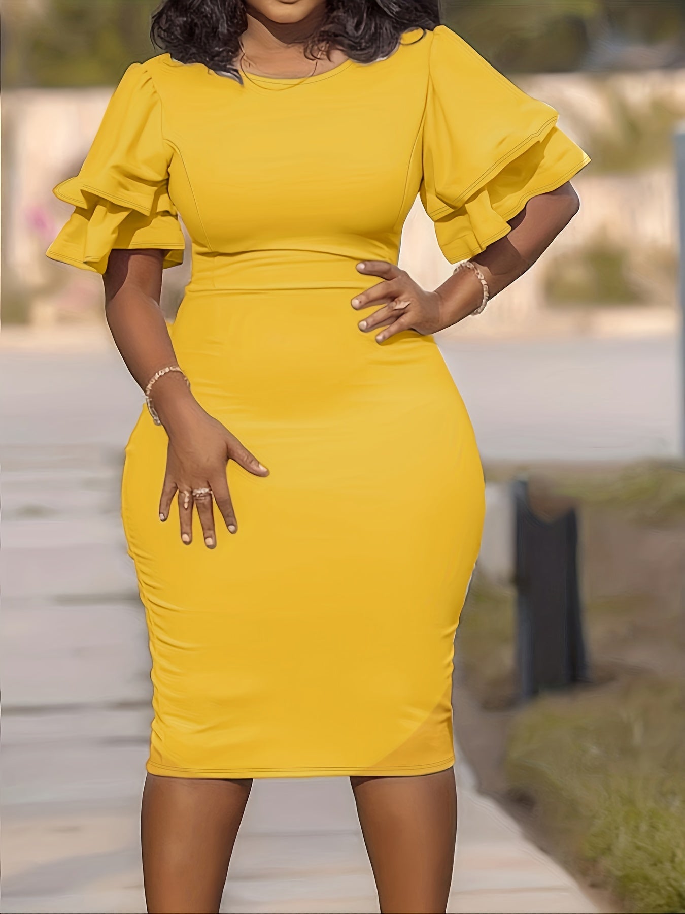 Ruffle Trim Round Neck Bodycon Dress