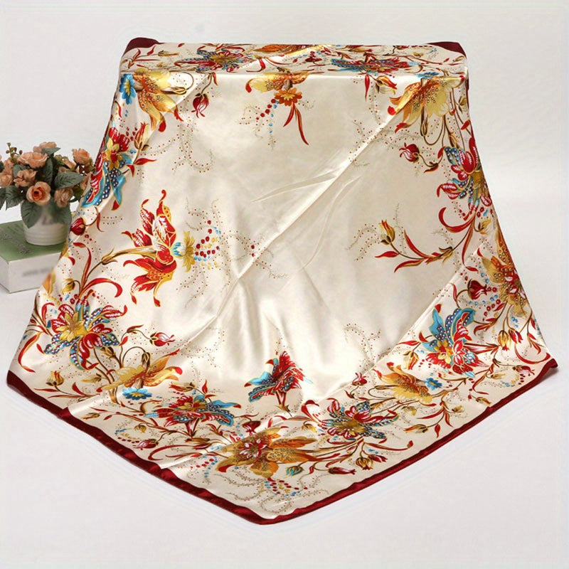 Boho Flower Print Satin Shawl Silk Square Scarf Bandana