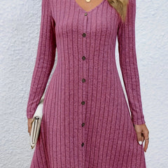 Ribbed Button Decor Long Sleeve V Neck A line Dress