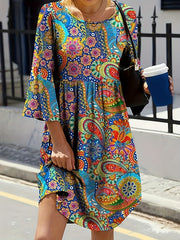 Boho Dress Women's Plus Paisley Print Three Quarter Sleeve