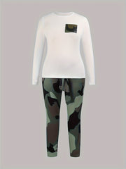 Colorblock Camo Print Top & Pants Set