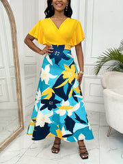 Floral Print Flutter Sleeve Dress V-Neck for Spring & Summer