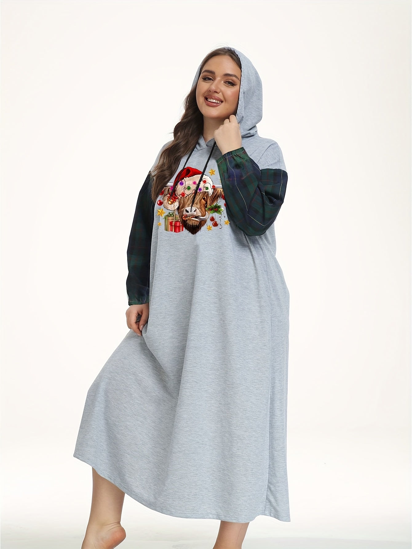 Christmas Loungewear Dress with Cow Print Raglan Sleeves
