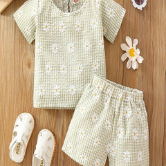 Girls Daisy Graphic Print T shirt&Shorts Set Summer Kids Clothing