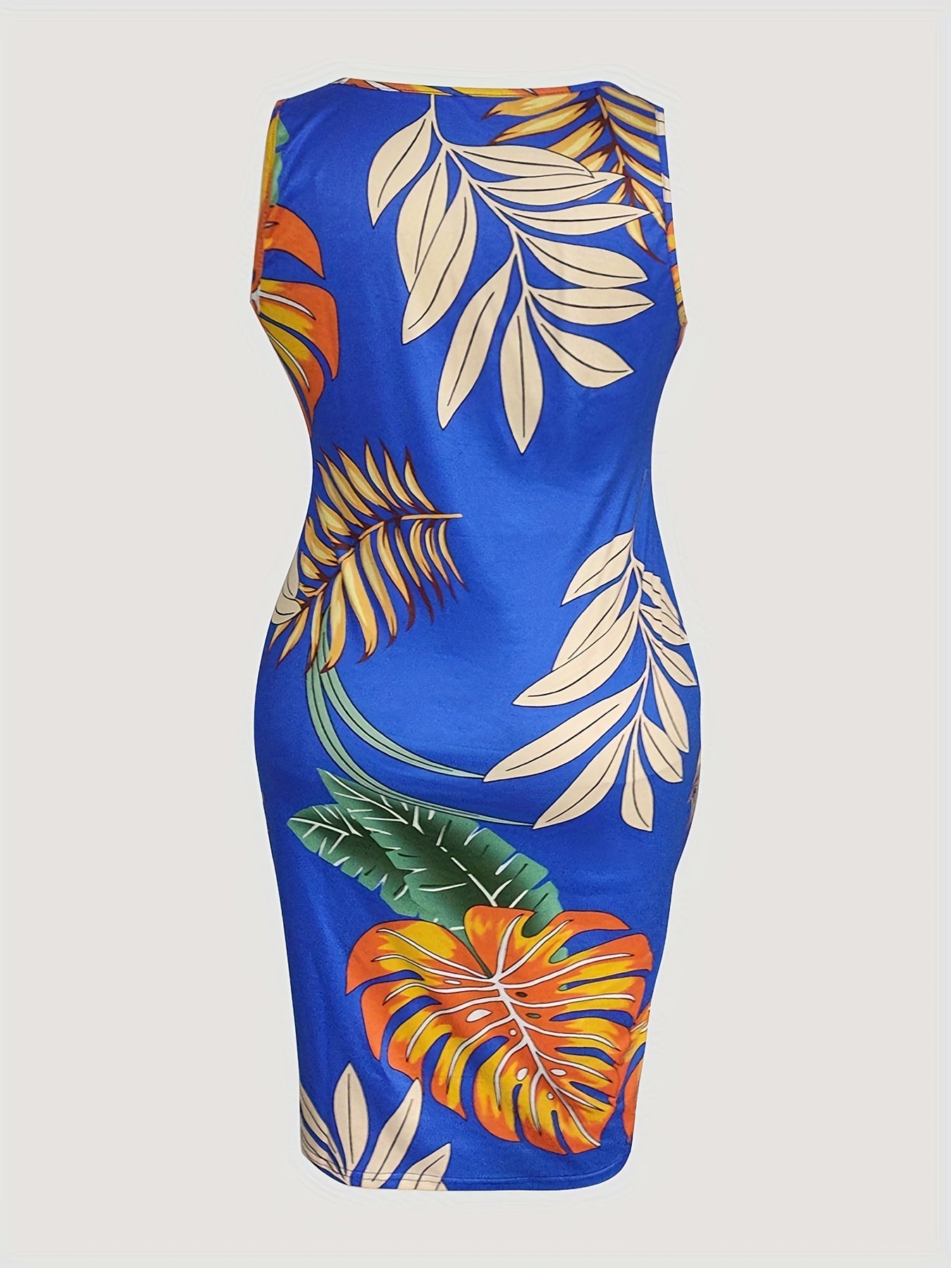 Tropical Print Notched Neck Midi Dress