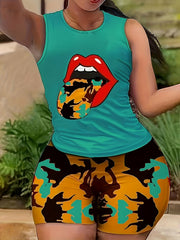 Lips Print Tank Top & Abstract Print Slim Shorts Set
