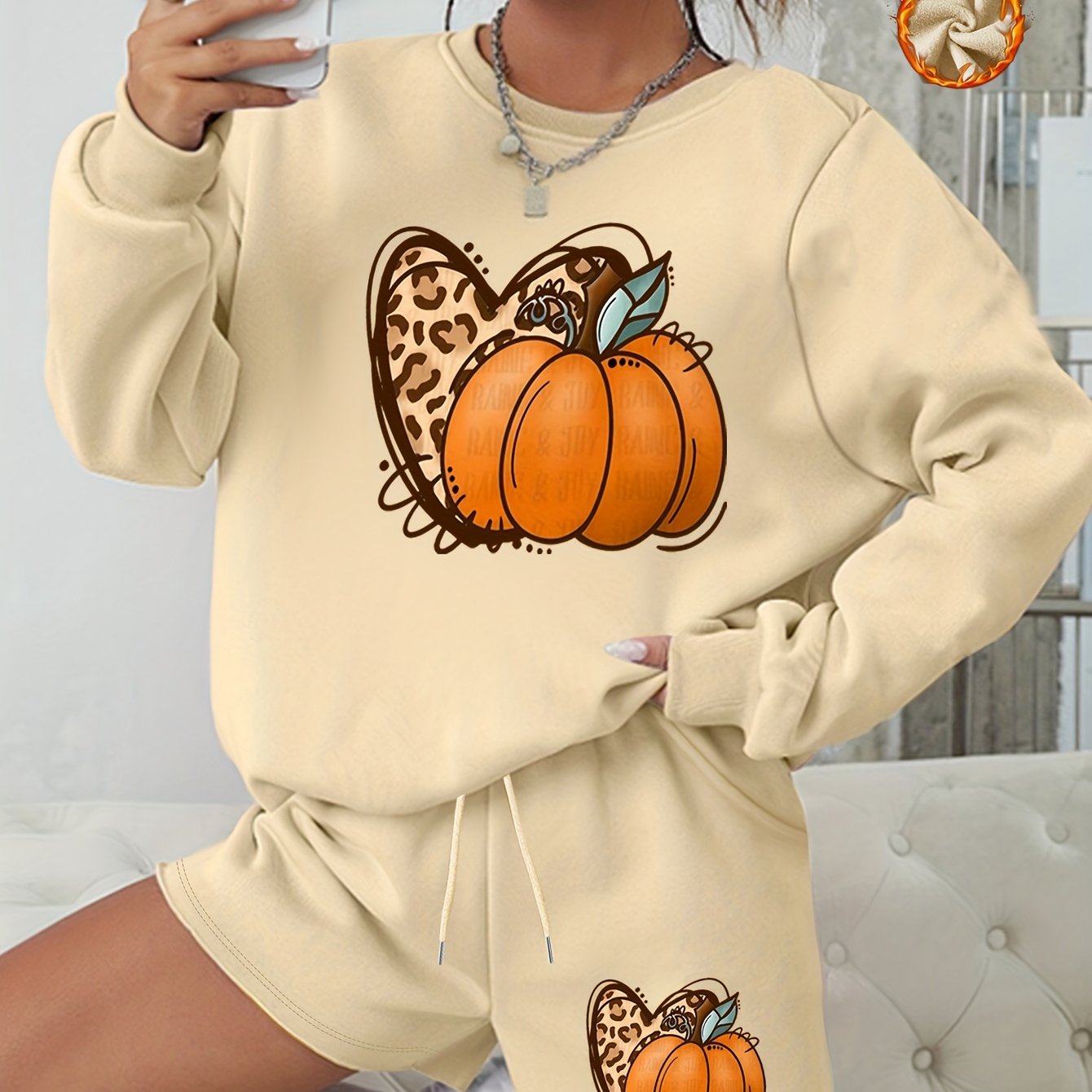 Pumpkin Graphic Print Sweatshirt & Shorts 2pcs Set