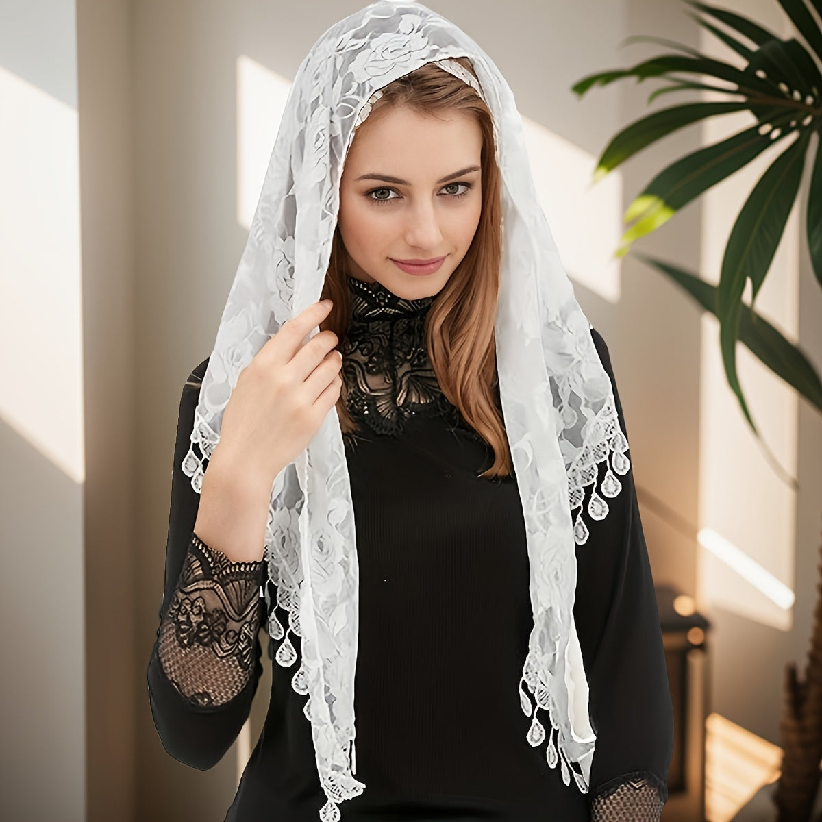 JOANSHRINE Rose Lace Sheer Bridal Veil Headscarf for Weddings Bridesmaids