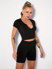 Seamless Rib Knit Sports Set: Short Sleeve Top & Shorts