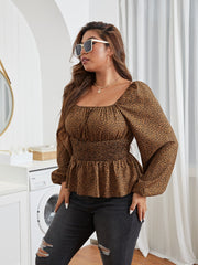 Women's Plus Size Leopard Print Lantern Sleeve Peplum Blouse