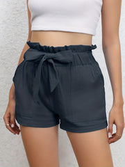 Ruffle Trim Shorts with Tie Waist, Casual Pockets Solid Shorts