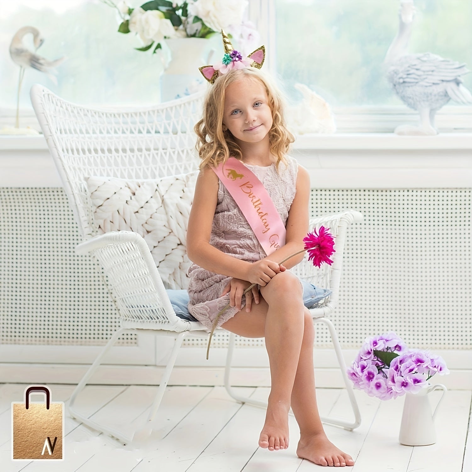 Girl's Unicorn Birthday Set: Glitter Unicorn Headband & Pink Satin Sash