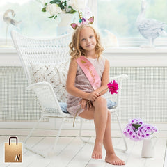 Girl's Unicorn Birthday Set: Glitter Unicorn Headband & Pink Satin Sash