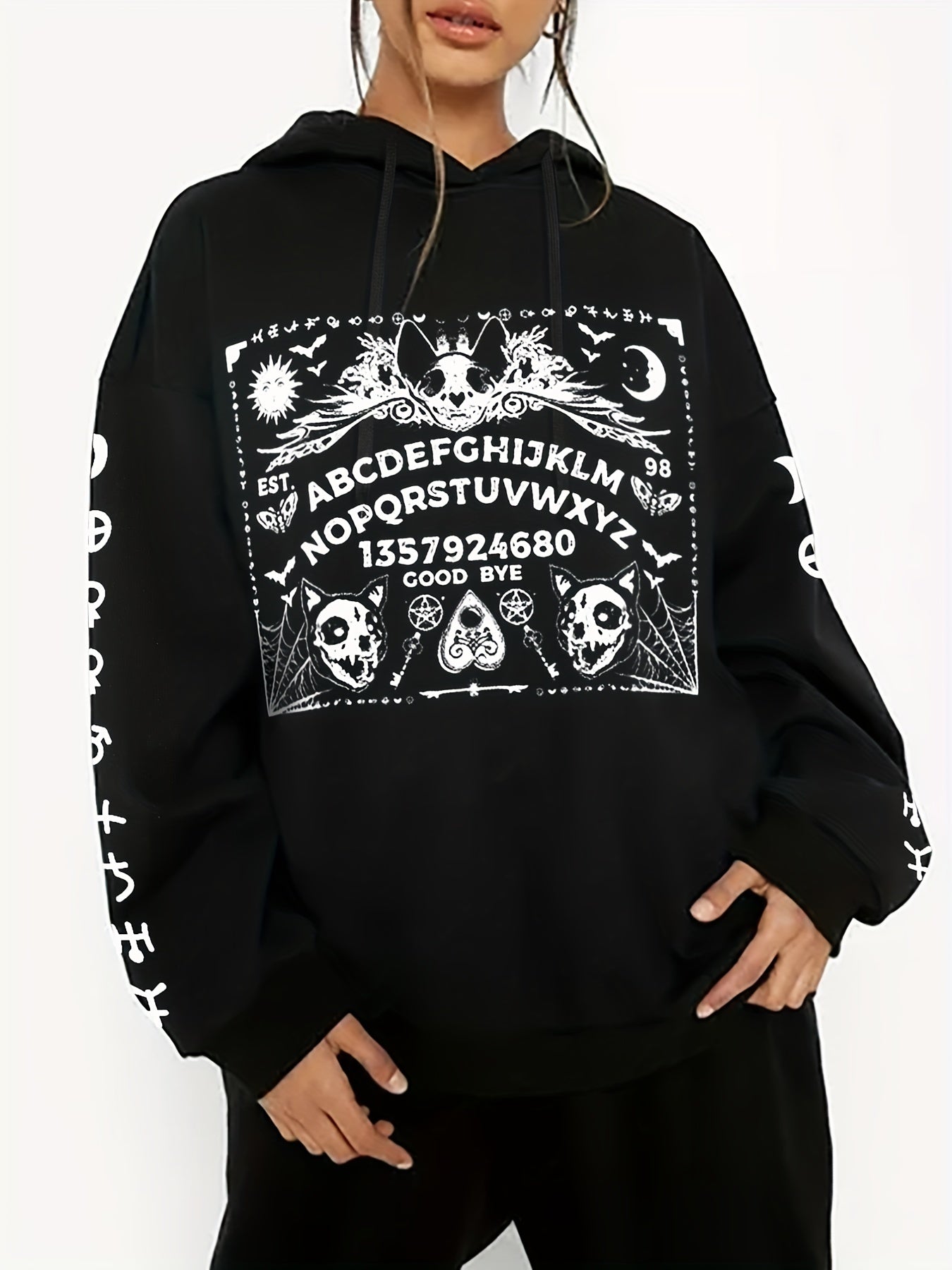 Skull Print Drawstring Hoodies Gothic Long Sleeve Sweatshirt
