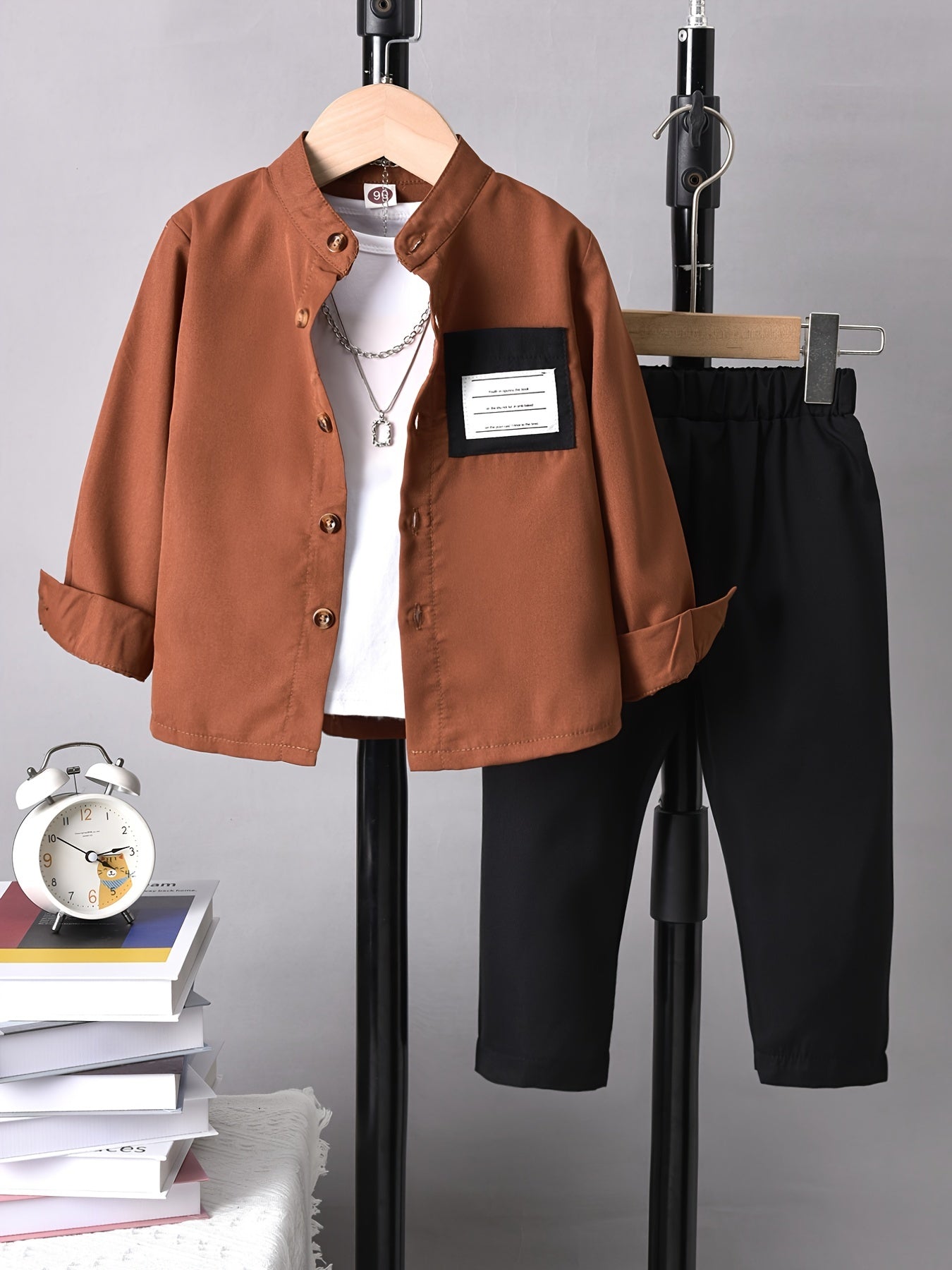 Boy's Geometric Pattern Shirt & Pants Set for Spring Fall
