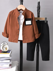 Boy's Geometric Pattern Shirt & Pants Set for Spring Fall