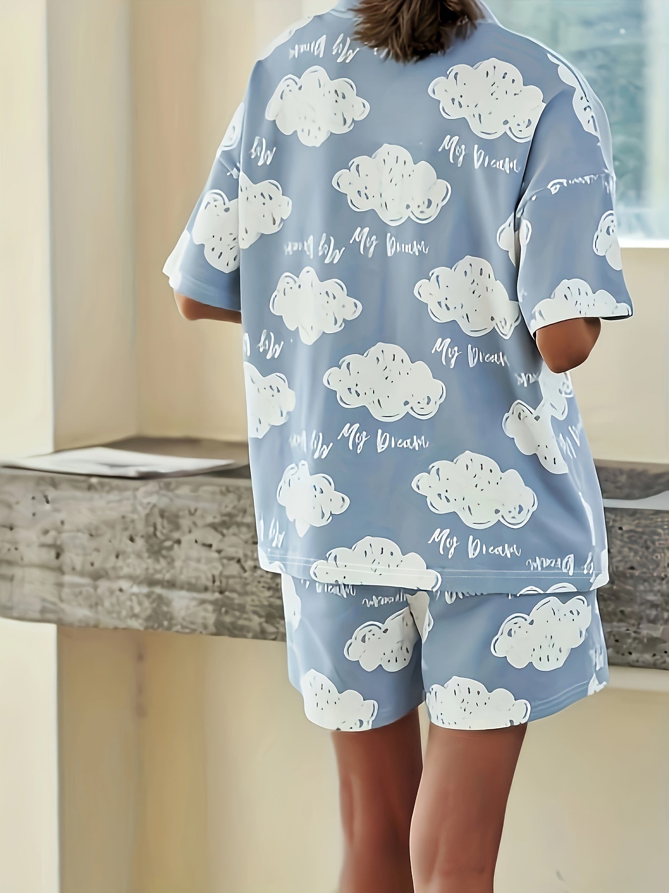 Cloud Print Lounge Set Short Sleeve Buttons Top & Elastic Waistband Shorts