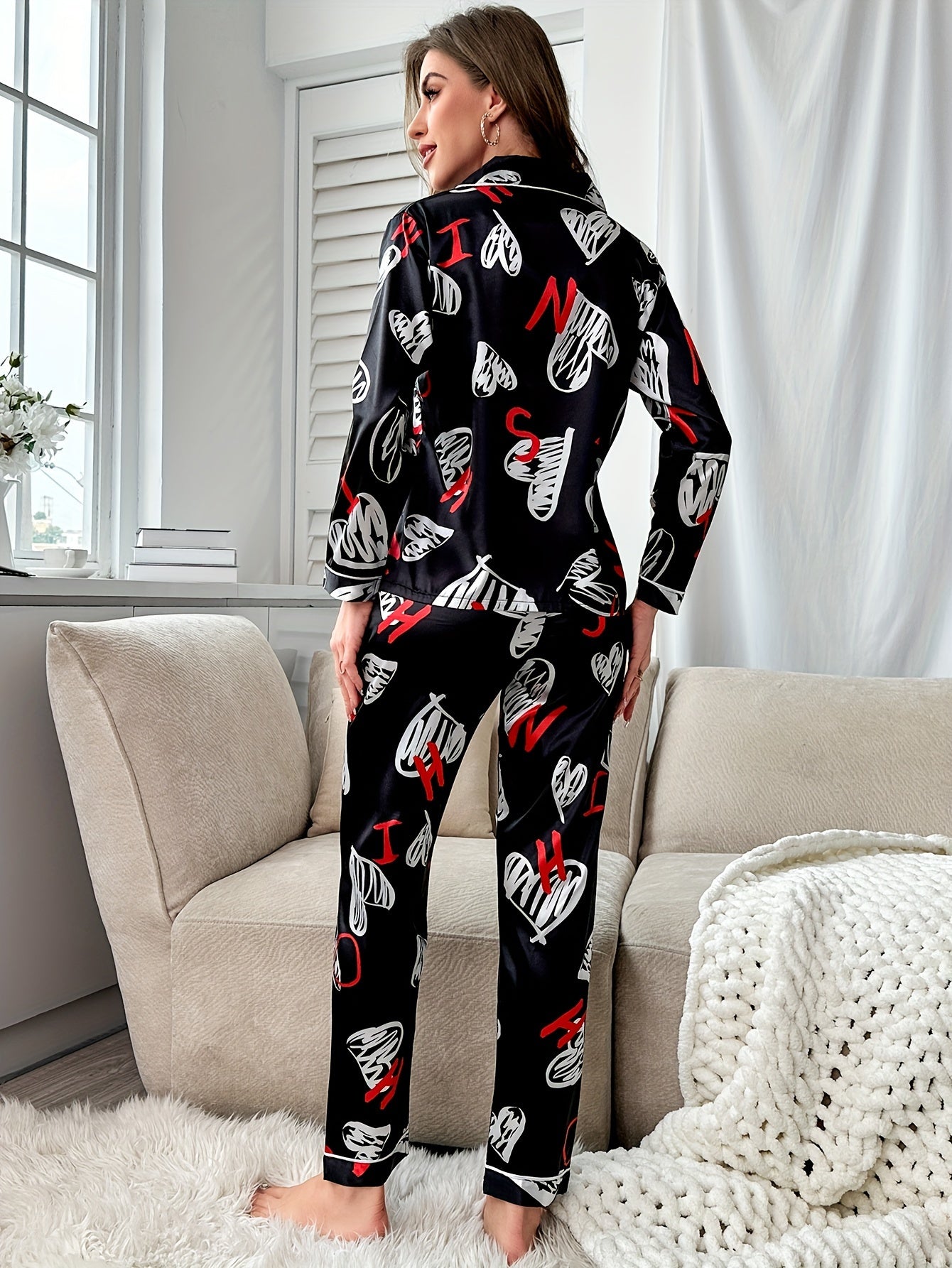 Heart Print Pajama Set Long Sleeve Top & Pants Women's