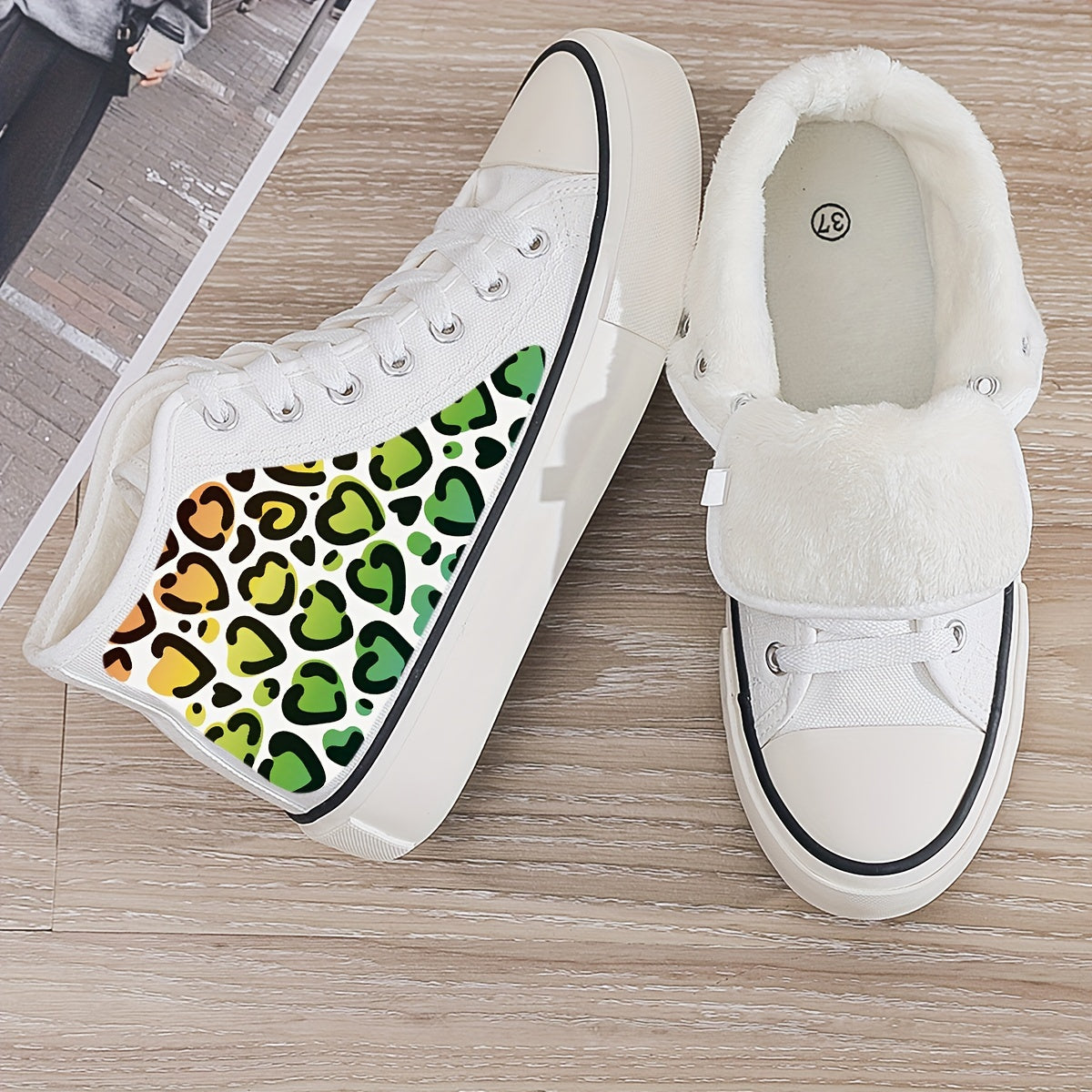 Leopard Heart Print Plush Lined Canvas Sneakers