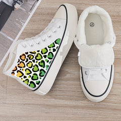 Leopard Heart Print Plush Lined Canvas Sneakers