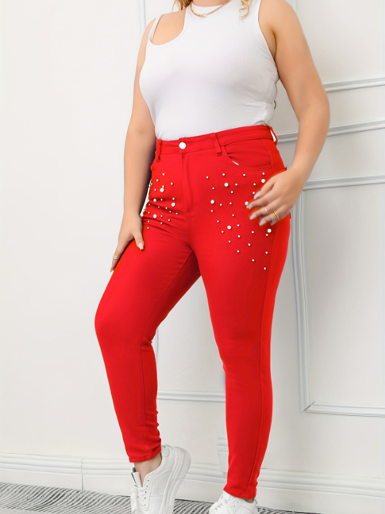 Women's Plus Pearl Button Slim Fit Denim Pants