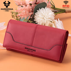HUMERPAUL RFID Blocking Leather Wallet Red Clutch Large Capacity