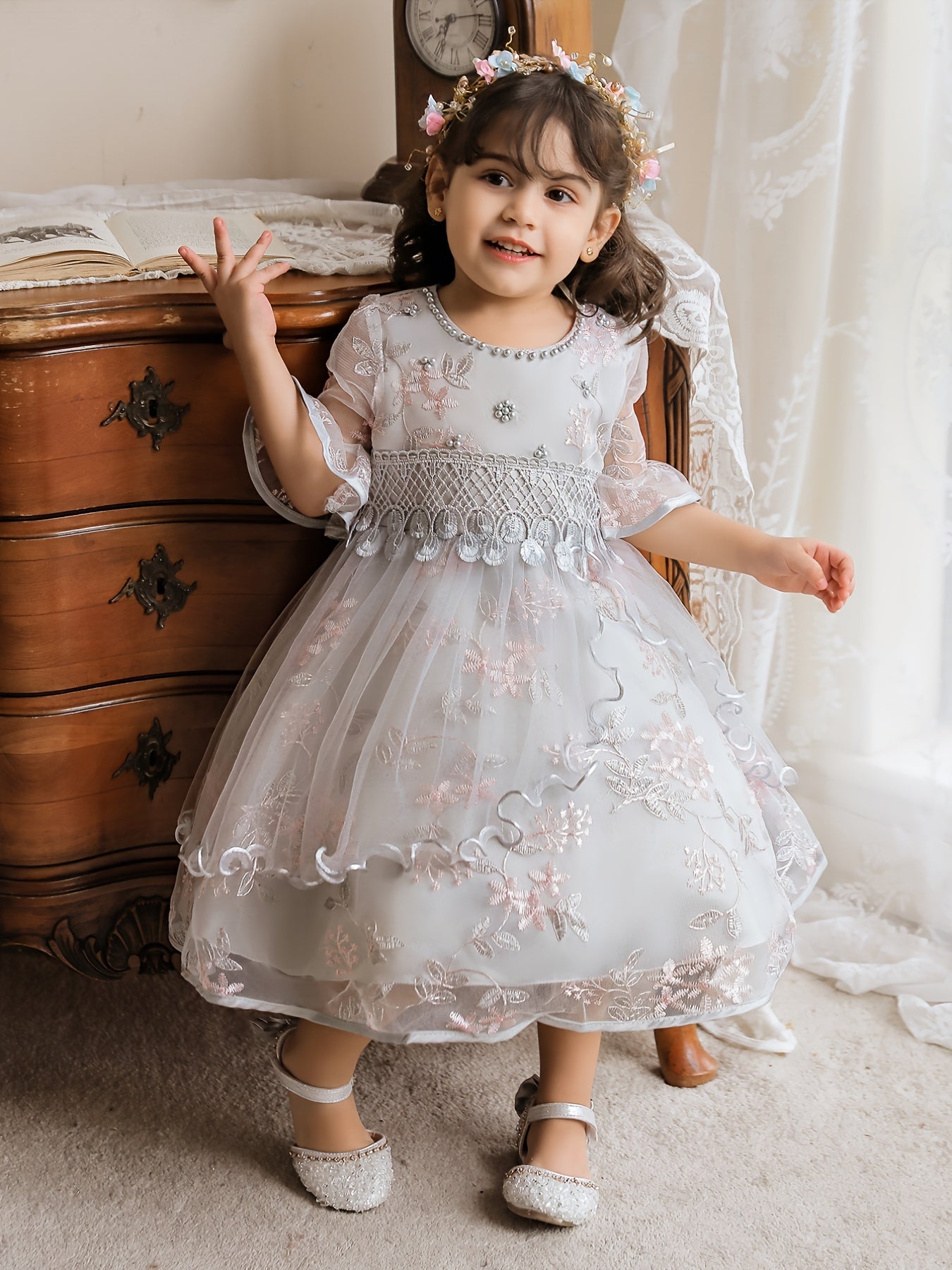 Girls Princess Embroidered Tulle Dress Puffy Birthday Wedding Gown