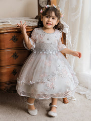 Girls Princess Embroidered Tulle Dress Puffy Birthday Wedding Gown