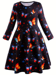 Girls Butterfly Graphic Long Sleeve Dress Spring Fall Party