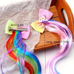 Girls Colorful Wig Hair Bow Clips Unicorn Party Dress Up