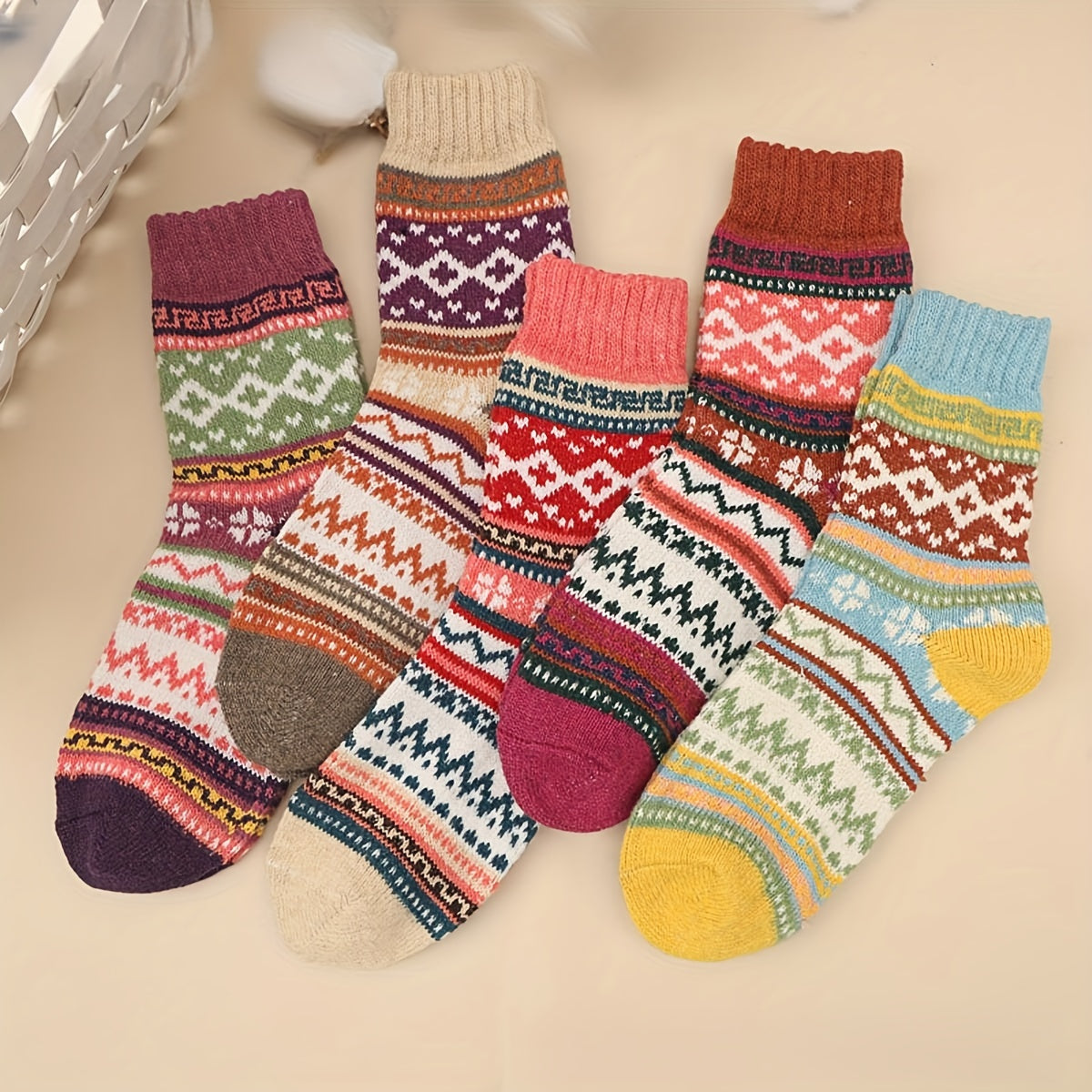 5 Pairs Wool Blend Vintage Mid-Calf Winter Socks