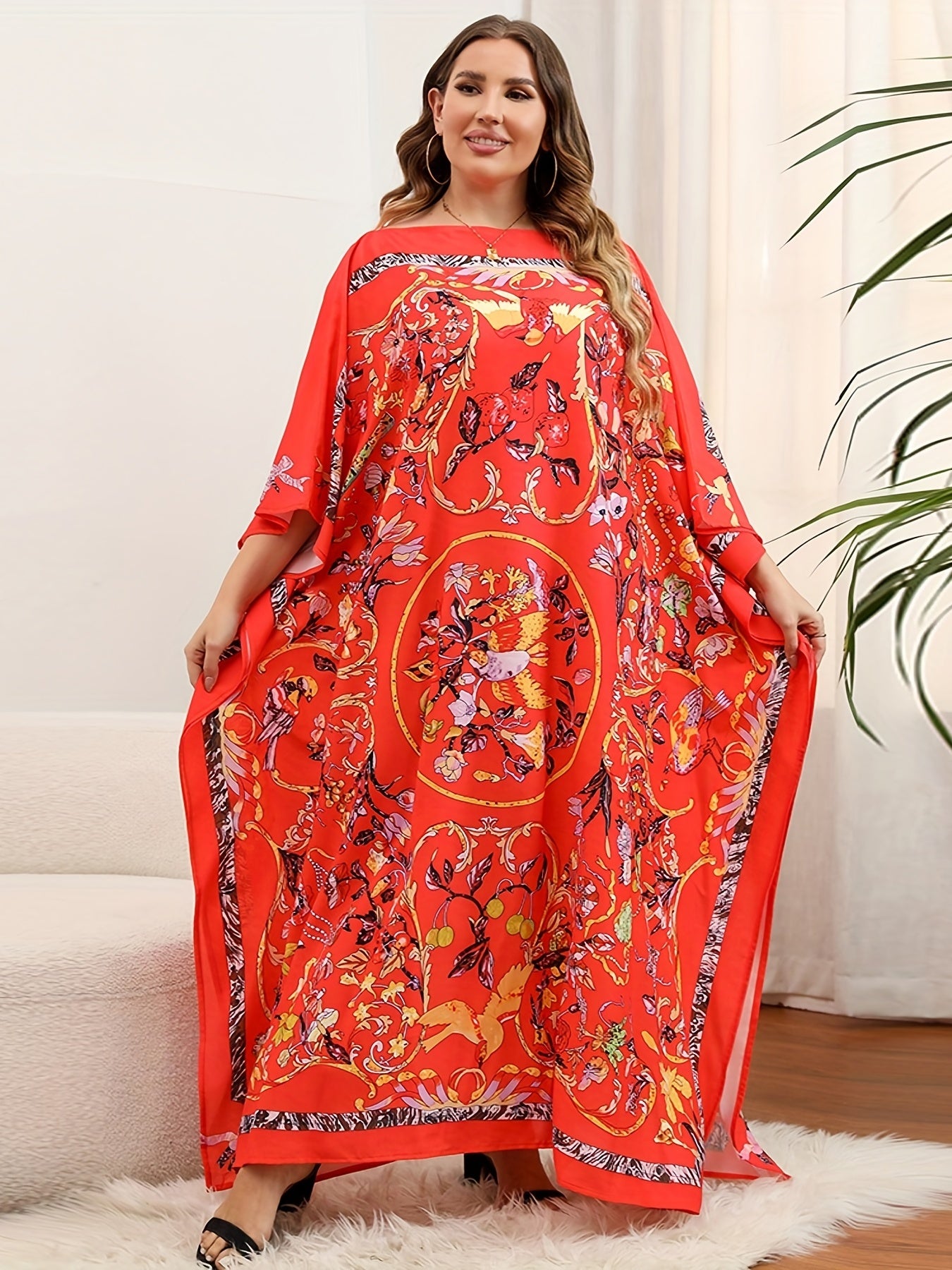 Floral Print Bat Sleeve Maxi Cover Up