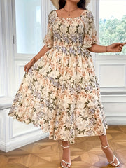 Women's Plus Floral Print Square Neck Maxi Dress