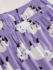 Cat Print Pajamas Set Short Sleeve Top & Shorts & Pants