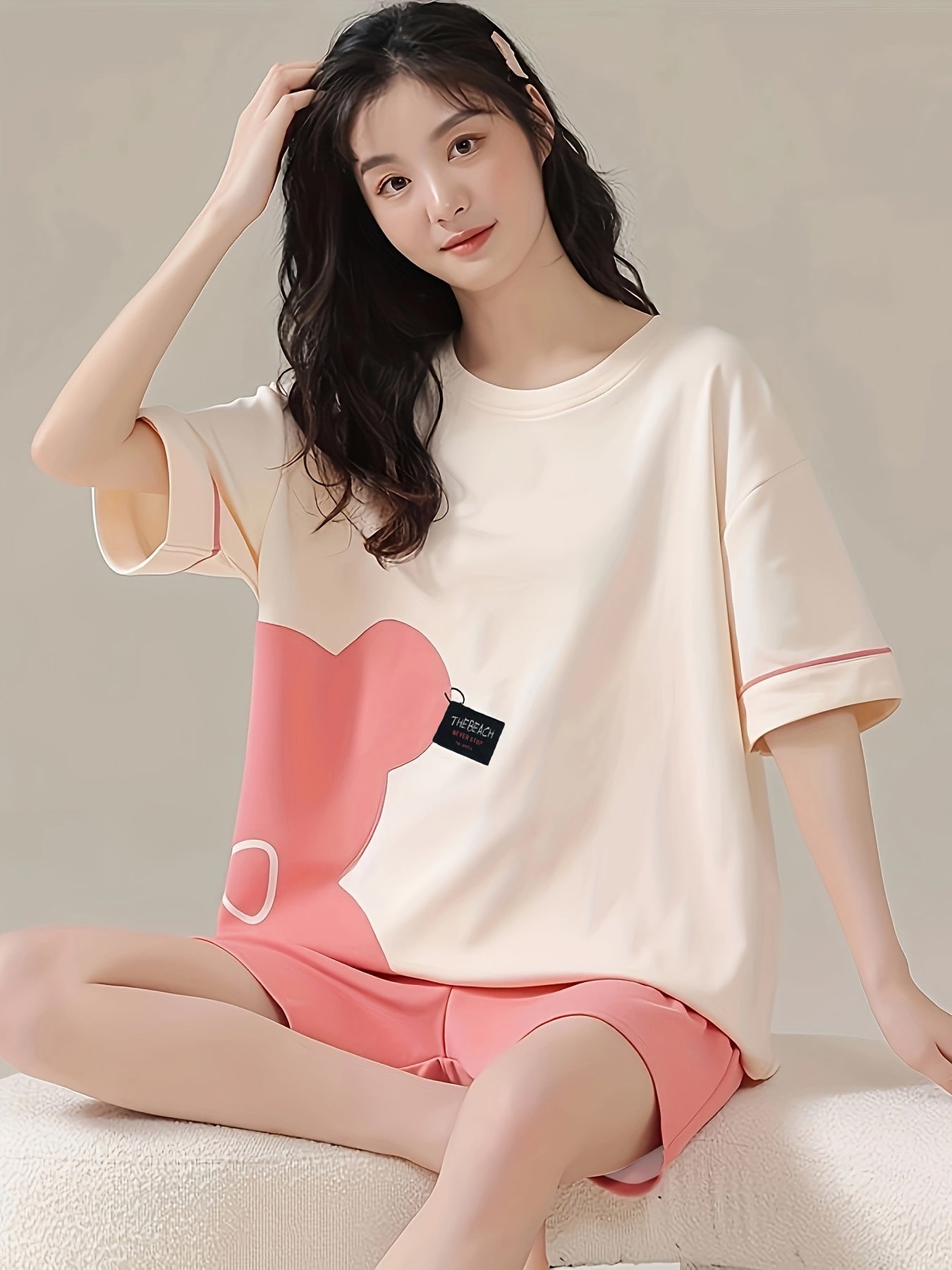 Bear Print Pajama Set Short Sleeve Crew Neck Top & Shorts