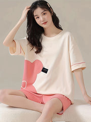 Bear Print Pajama Set Short Sleeve Crew Neck Top & Shorts
