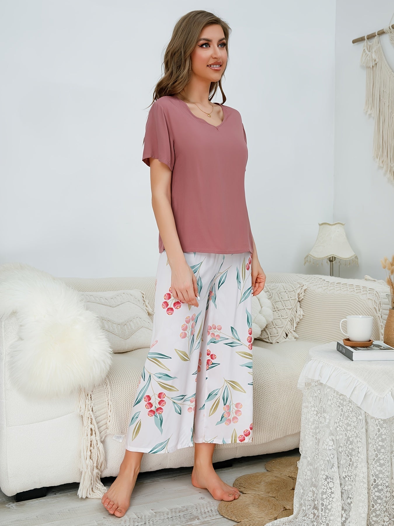 Floral Print Lounge Set V Neck Short Sleeve Top & Bow Pants
